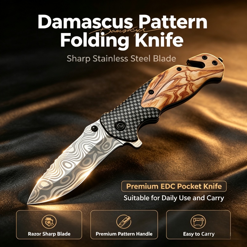 Edc Concealed Carry Knife - 다마스커스 패턴 접이식 나이프, 날카로운 스테인리스